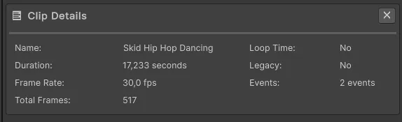 Panel de detalles del clip seleccionado