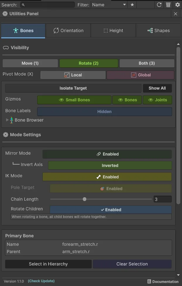 Detalles del Bone Visualizer inspeccionando IK y Mirror Mode