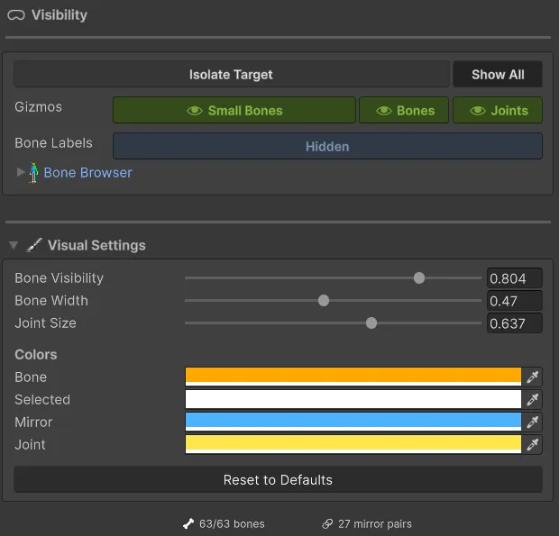 Opciones de filtro para mostrar u ocultar huesos específicos