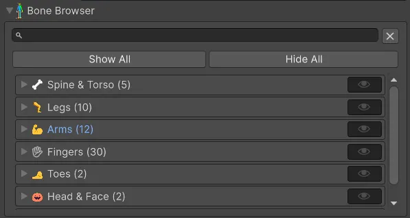 Lista de huesos con filtros.