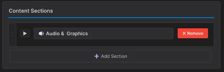 Editor de secciones en Dashly Dashboard mostrando opciones de personalización