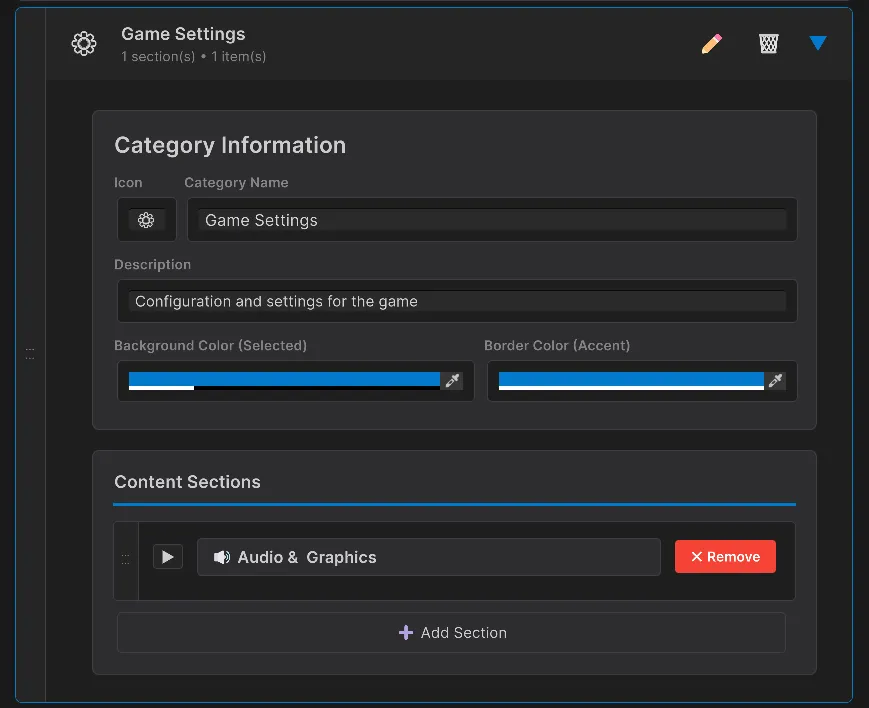 Editor de categorías en Dashly Dashboard mostrando opciones de personalización