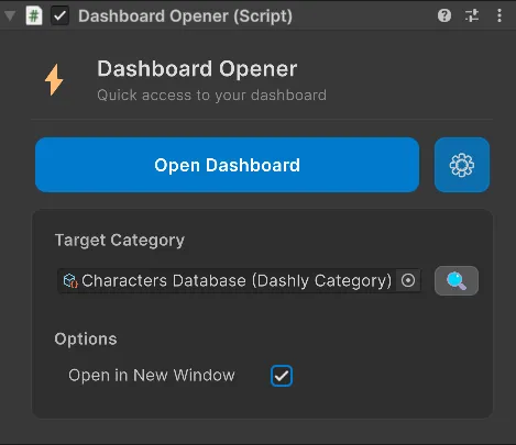Inspector del Dashboard Opener mostrando cómo se vincula una categoría