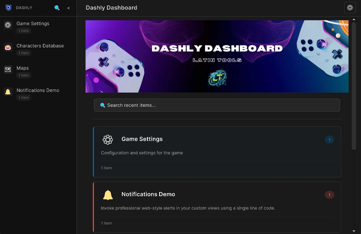 Vista principal de Dashly Dashboard mostrando categorías y secciones