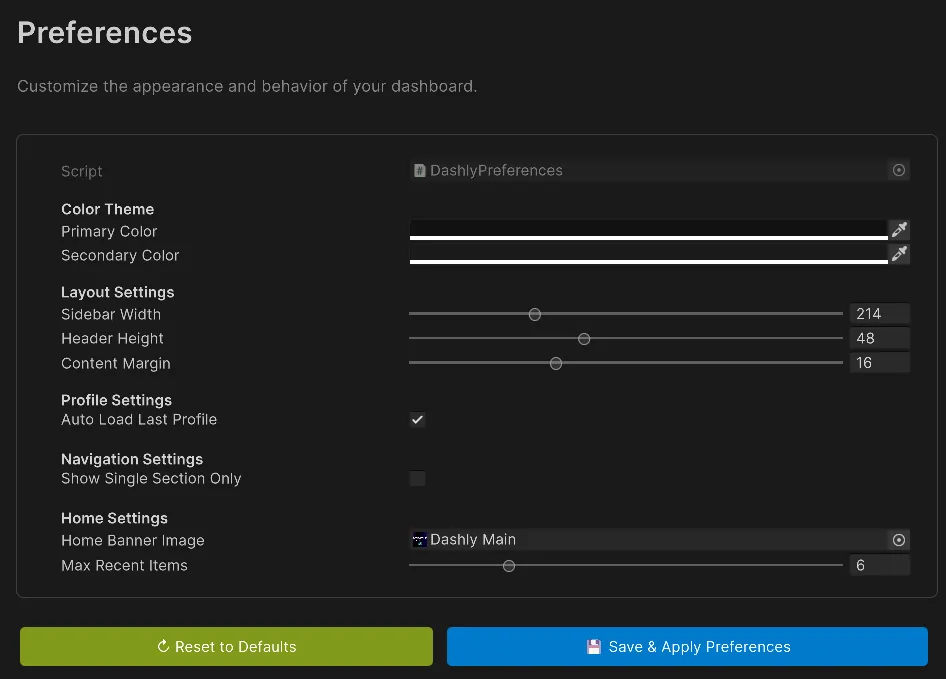 Pantalla de preferencias para personalizar tema y layout en Dashly