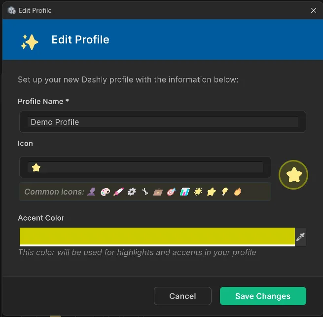Editor de perfiles en Dashly Dashboard mostrando opciones de personalización
