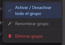 Menú contextual del grupo con opciones de administración