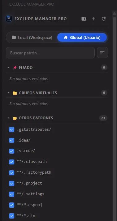Vista del panel lateral con los checkboxes interactivos de patrones