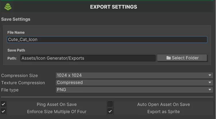 Configuración de nombre y ruta de exportación