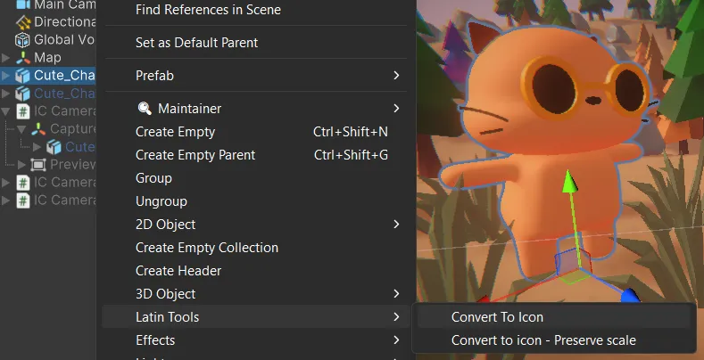 Ejemplo de cómo abrir el Generador de Iconos desde el menú contextual en Unity