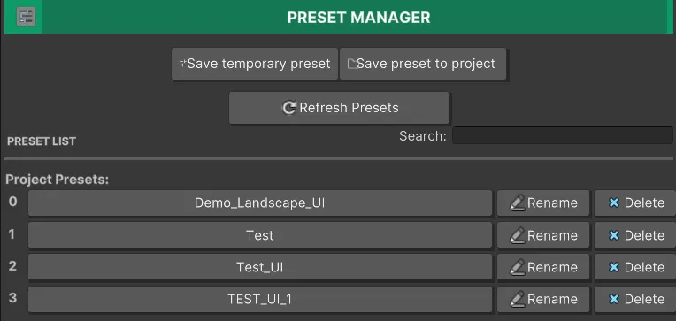 Panel de Preset Manager en Icon Generator con opciones para guardar, cargar y gestionar presets personalizados