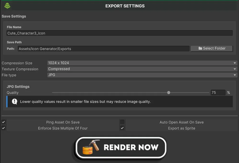 Panel de Export Settings en Icon Generator con opciones para configurar formato, ruta y opciones adicionales de exportación