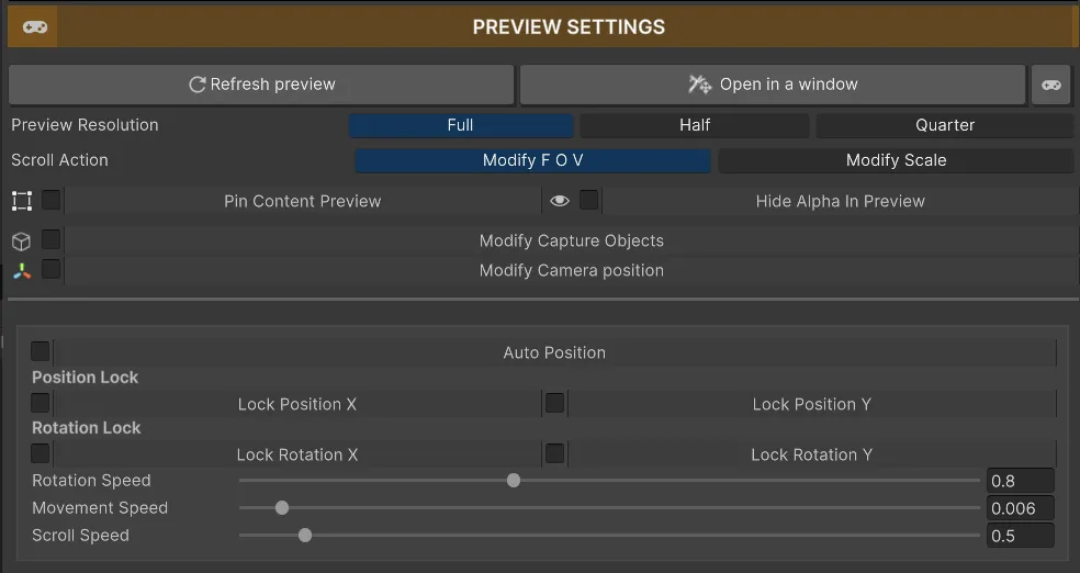 Panel de Preview Settings en Icon Generator con opciones para controlar la vista previa