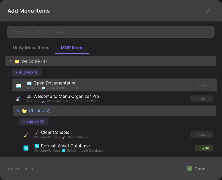 Lista de items que se pueden agregar a una colección personalizada, mostrando un item de tipo MOPMenuItem