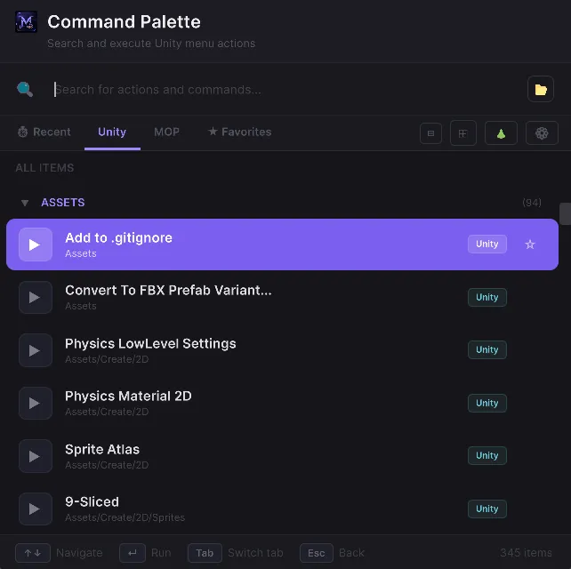 Vista principal de Command Palette mostrando resultados de búsqueda