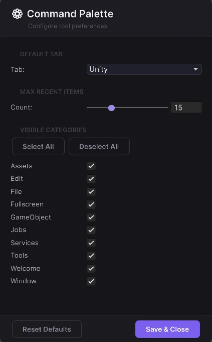 Vista de preferencias en Command Palette