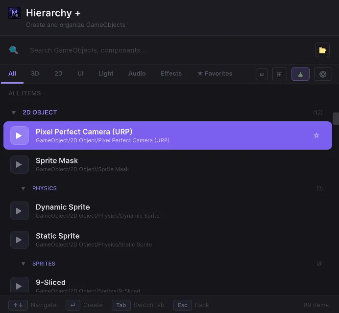 Vista principal de Hierarchy+ mostrando opciones de creación