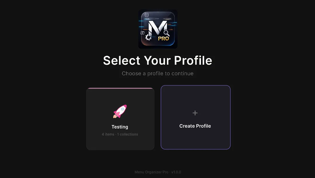 Vista principal de perfiles en el organizador principal de Menu Organizer Pro