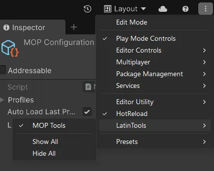 Vista de configuración de la barra de herramientas en MOP mostrando la opción para activar la toolbar de MOP