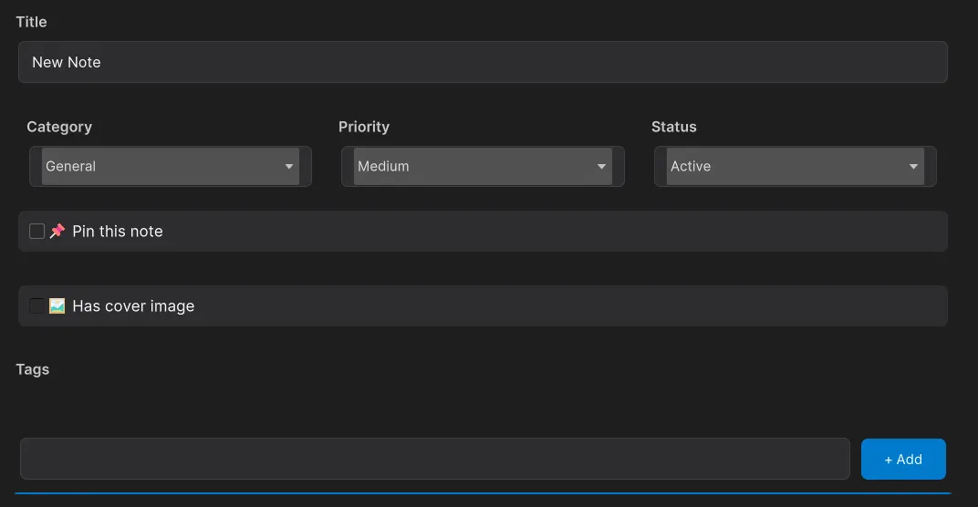 Panel principal para crear notas en Note Manager