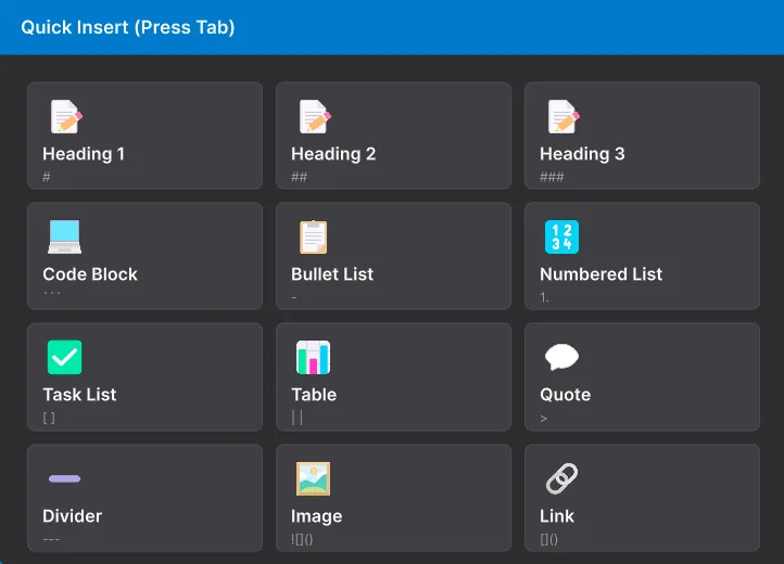 Panel Quick Insert para sintaxis Markdown