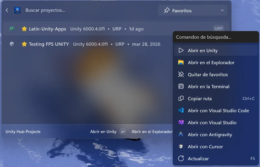 Comandos de la extensión de Unity Hub