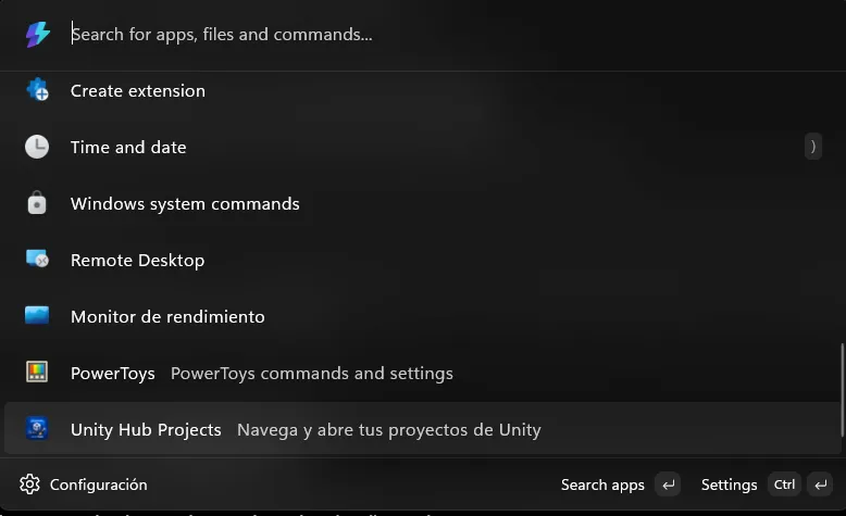 Interfaz principal de la extensión de Unity Hub