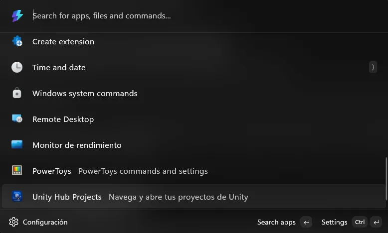 Interfaz principal de la extensión de Unity Hub