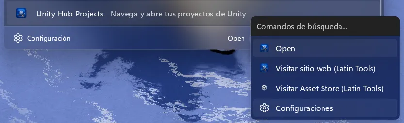 Abrir configuración de la extensión de Unity Hub