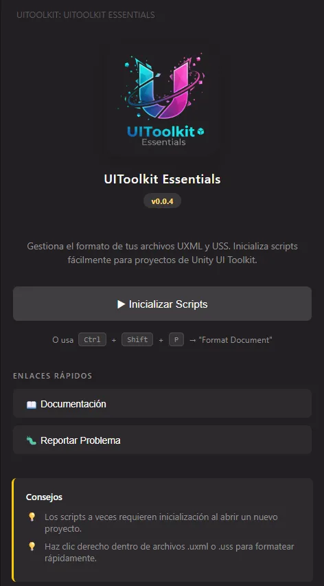 Panel lateral de UIToolkit Essentials mostrando el botón de inicialización